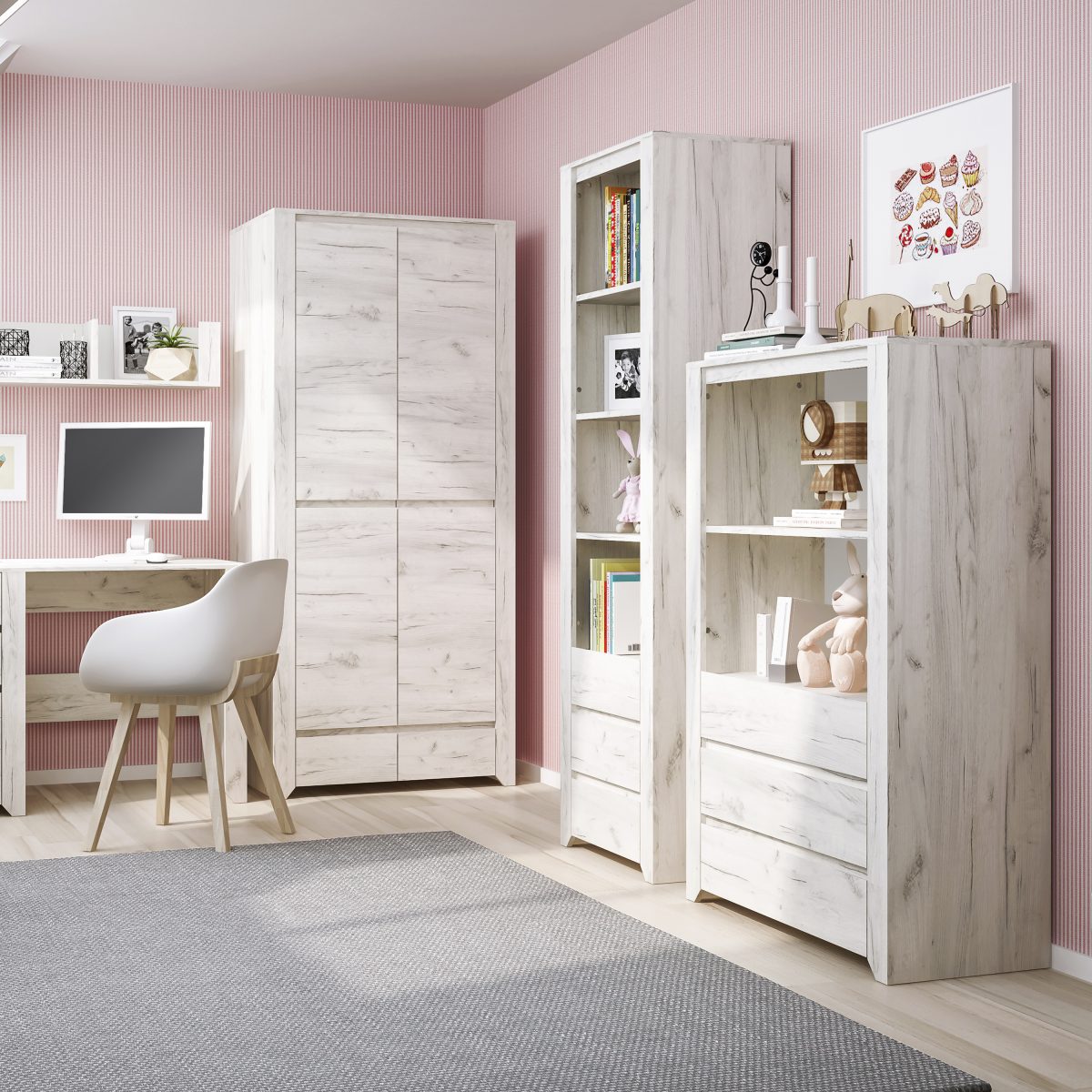 3 Drawer Cupboard with Open Shelf in White Craft Oak