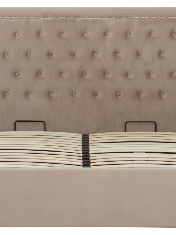 stylish king size bed in neutral velvet fabric
