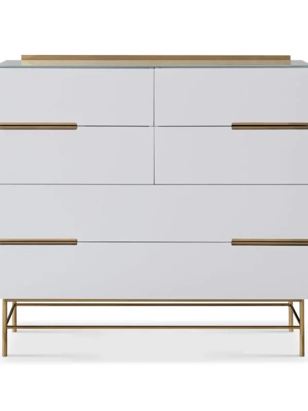 Alberto Matt White Six Drawer Wide Chest With Brass Frame
