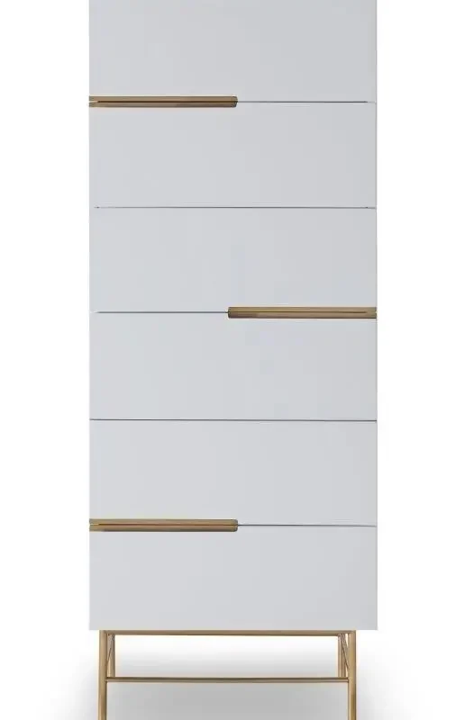 Alberto Matt White Six Drawer Tall Narrow Chest With Brass Frame