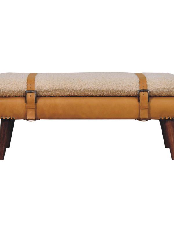 Tan leather & boucle bench