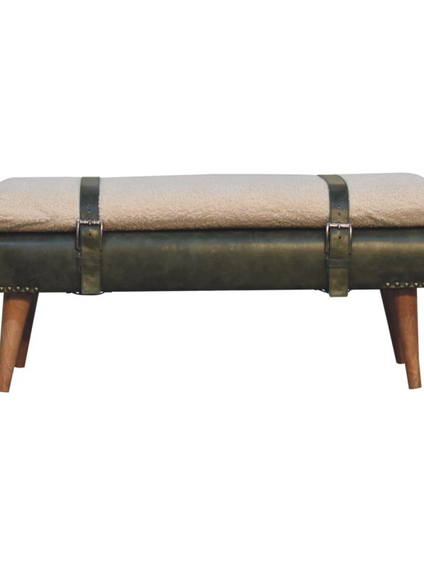 olive leather & boucle bench
