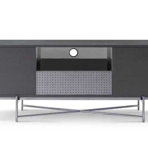 grey and dark chrome large media unit with perforated steel drawer