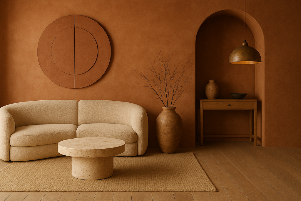 Interior with terracotta wall and earthy decor