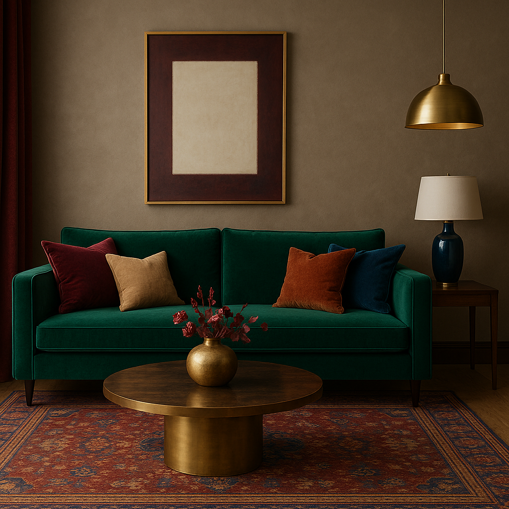 Emerald green velvet sofa styled with jewel-toned accents