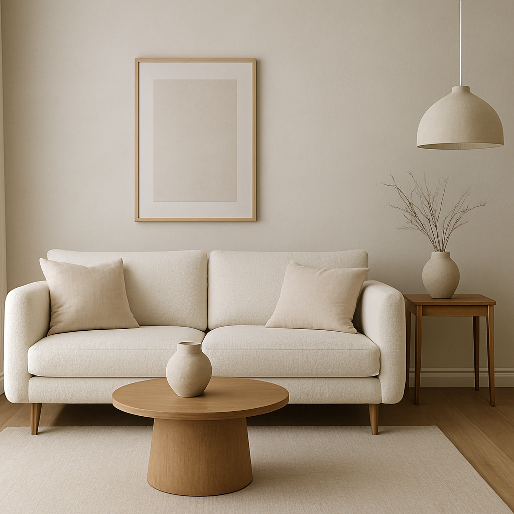 Neutral interior styled with bouclé sofa and linen cushions