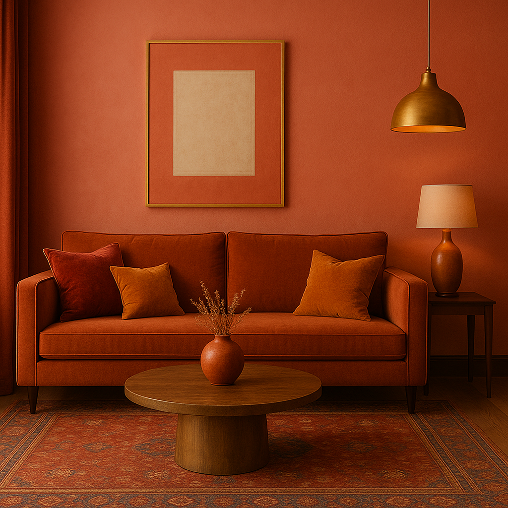Interior with coral feature wall and warm accessories