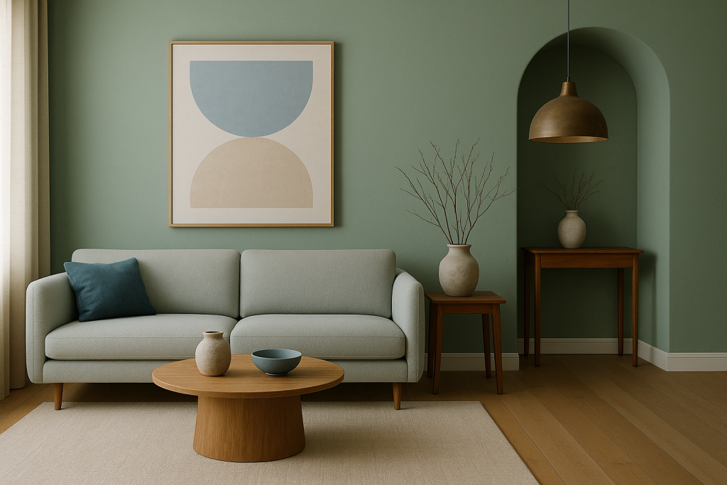 Living room styled with sage green and blue accents